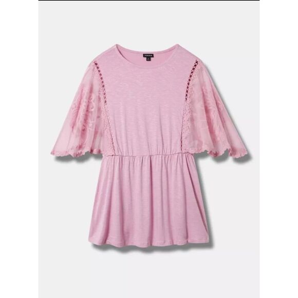 Torrid Babydoll Top Blouse Tunic Lace Short Scallop Sleeves Size 2 2X Pink - Picture 1 of 11